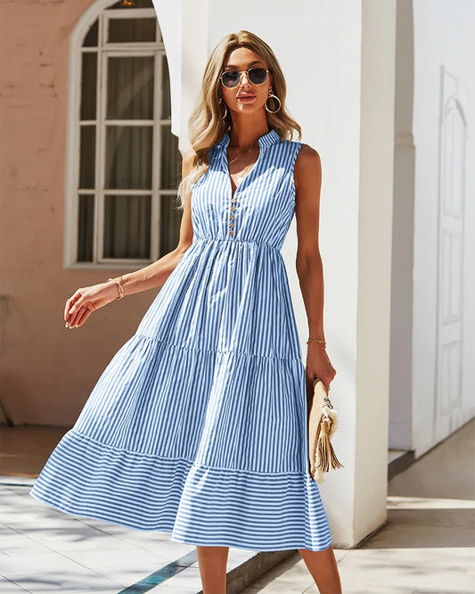 Striped Shirt Dress Women Sleeveless V-Neck Long Dresses Summer Casual Buttons A-Line Beach Holiday Dresses Female Clothing