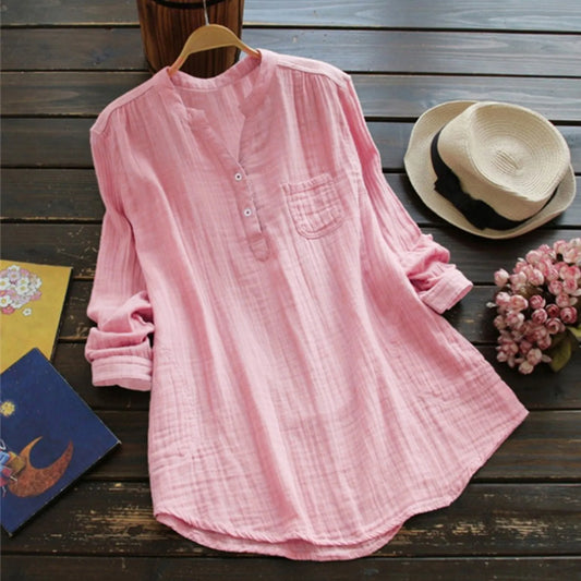 Boho Vintage Long Sleeve Cotton Linen Blouse Women 2024 Summer Plus Size Oversized Shirts Top Lady V-neck Casual Loose Blusas