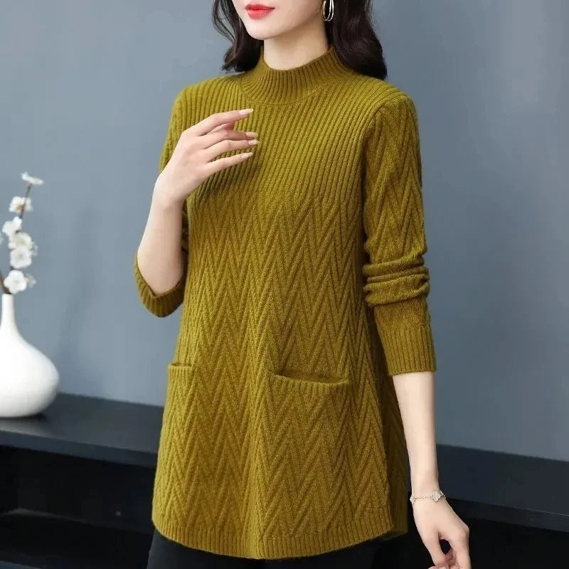 Women's Sweaters Pullover 2023 New Solid Half High Collar Thick Warm Long Knitted Sweaters Winter Female Tops Bottoming Shirt