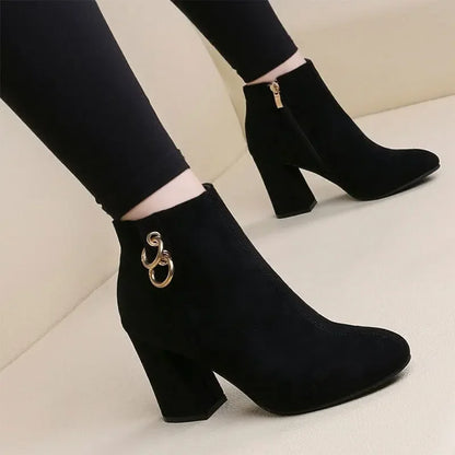 Retro Plush Warm Autumn Winter Women's Boot Vintage Block Heel Ankle Boots Zipper High Heels Women Shoes Big Sizes 43