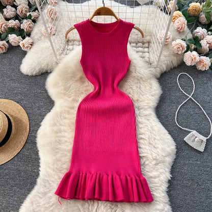 YuooMuoo Early Autumn Sexy Package Hips Ruffles Mini Dress Summer Fashion Y2K Knitted Bodycon Ladies Dress Korean Party Vestidos