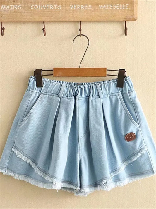 Plus Size Clothes For Women In Summer Denim Shorts Elastic Waist With Zippered Wide Leg With Fringed Edge Pants Large Size Pants