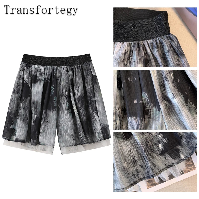 Plus-size women's summer casual shorts ink style printed lace lined with loose comfortable breathable home trousers polyester