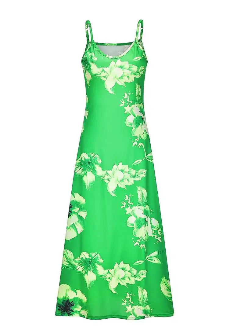 Plus Size Lady Spring Summer Women Dress Floral Print V-Neck Long Dresses Casual Bohemian Sleeveless Beach Party Dress For Women