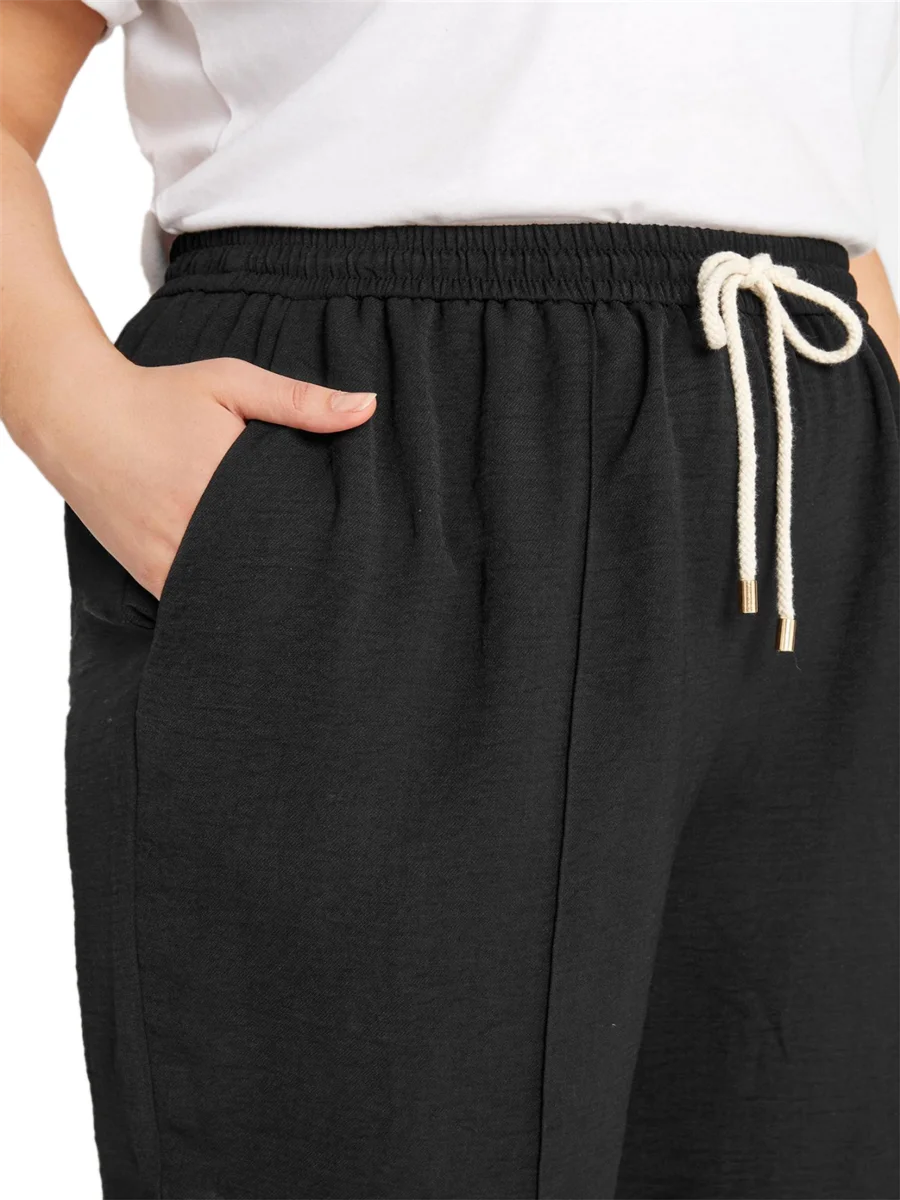 Plus Size Summer Drawstring Waist Casual Shorts Women Solid Black Loose Elastic Waist Pocket Sides Sports Shorts Large Size 8XL