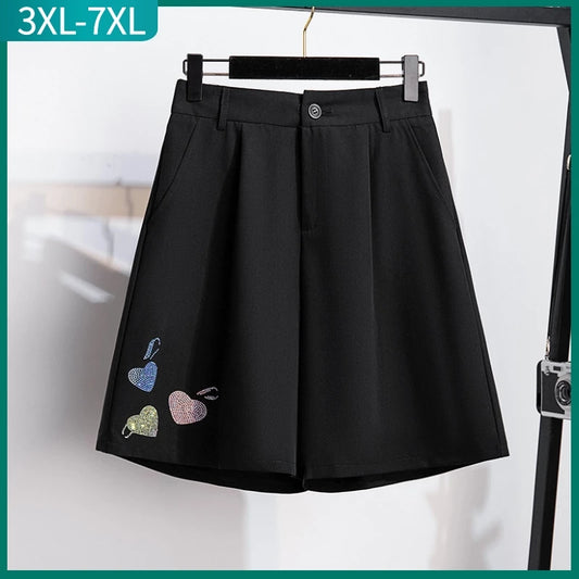 New  Ladies Summer Plus Size Shorts For Women Large Loose Casual Wide Leg diamonds Black Shorts 3XL 4XL 5XL 6XL 7XL