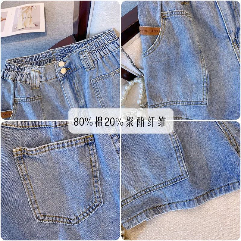 New Ladies Summer Plus Size hot pants For Women Large Size Loose Blue Cotton Pocket Denim Shorts 3XL 4XL 5XL 6XL 7XL