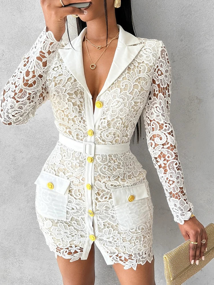 Women Elegant Dress Offices Hollow Out Pocket Design Button Lace Shirt Dresses Female Lace Vestidos Lady Patry White Clothes