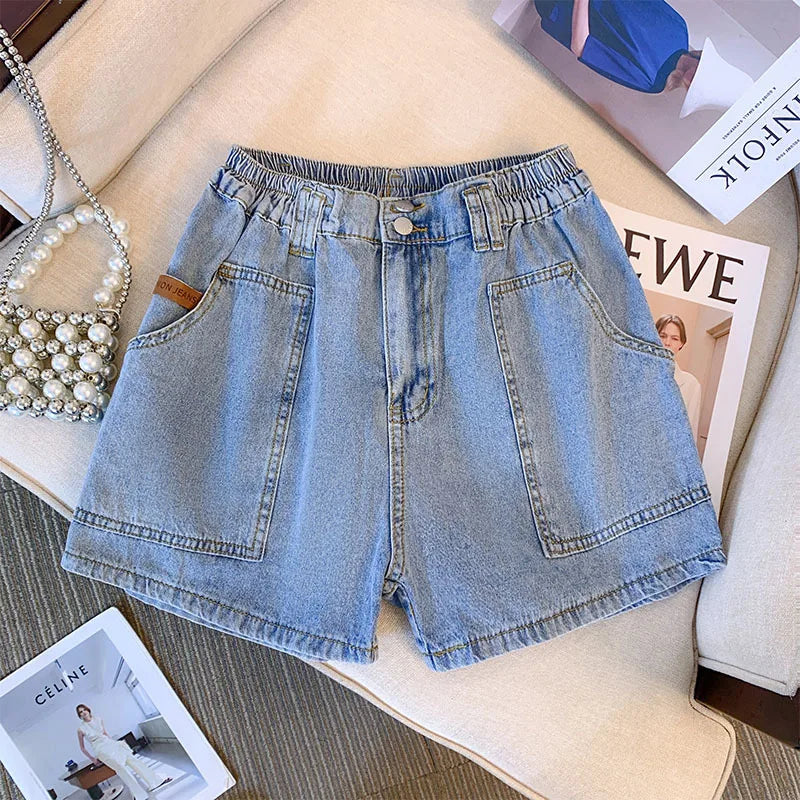 New Ladies Summer Plus Size hot pants For Women Large Size Loose Blue Cotton Pocket Denim Shorts 3XL 4XL 5XL 6XL 7XL