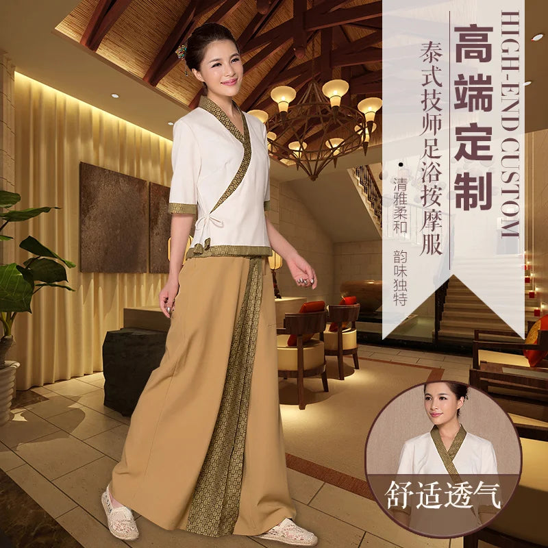 Women's Spa Therapist Massage Uniform Thai Style Cotton Linen Restaurant Work Clothes Set for Waiters Waitresses Thailand