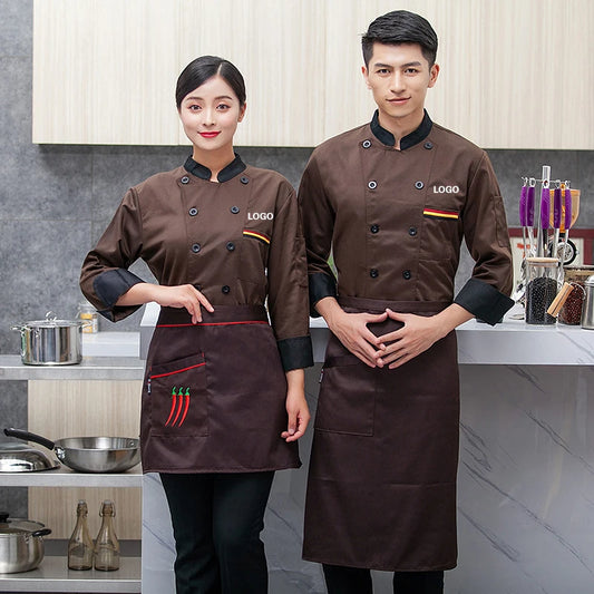 Chef Jacket Men Long Sleeve Shirt Apron Hat Bakery Cook Coat Unisex Kitchen Pastry Clothes Restaurant Waiter Uniform Women Logo