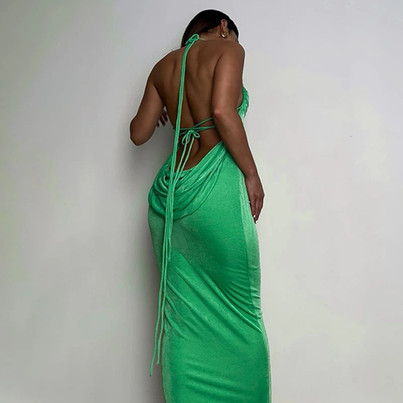 Women Bodycon Open Back Long Dresses Chic Party Dress Solid Color Halter Neck Sleeveless Wrap Skirt, Green/ Blue/ Pink