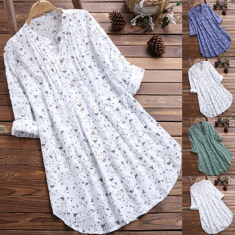 Women Spring Cotton Linen T-Shirt Dress Plus Size Ladies Casual Baggy Tunic Blouse Tops Female Floral Clothing 2024