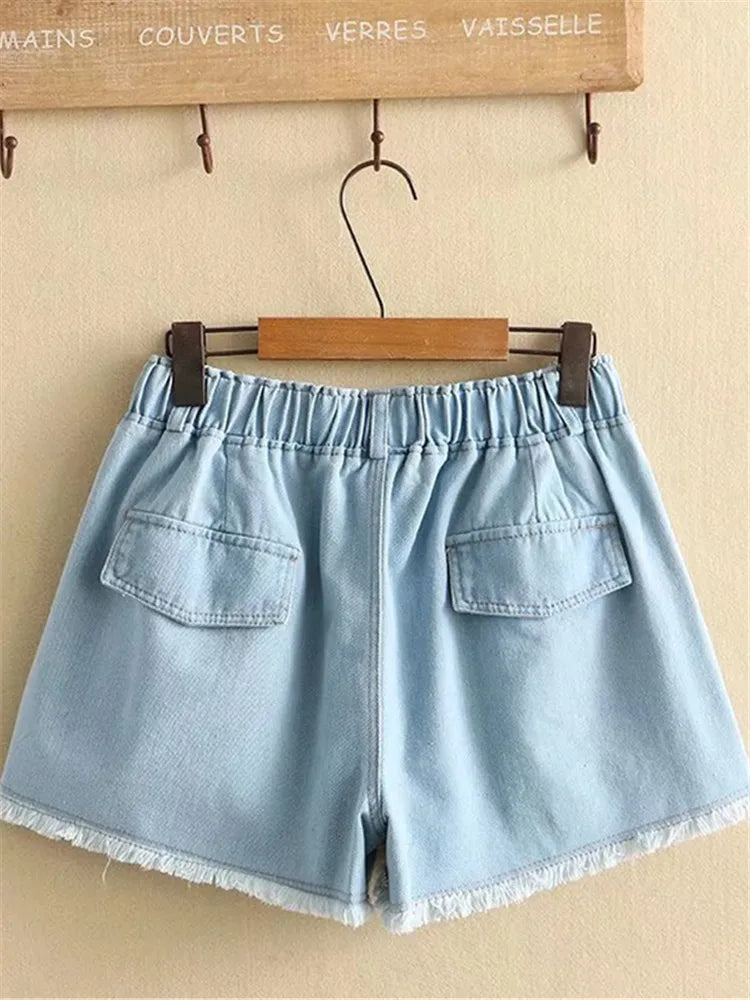 Plus Size Clothes For Women In Summer Denim Shorts Elastic Waist With Zippered Wide Leg With Fringed Edge Pants Large Size Pants