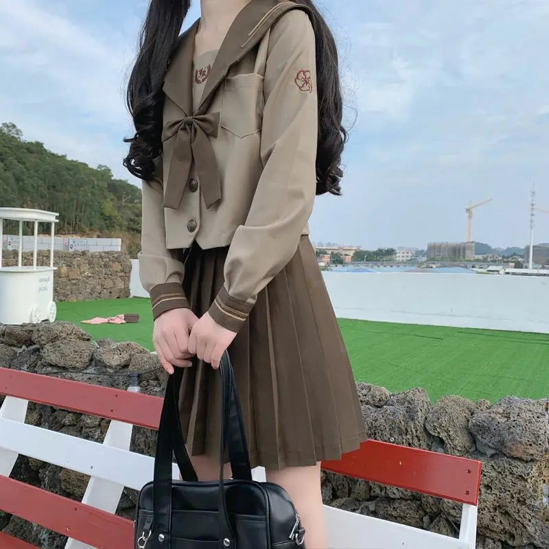 Japanese Fashion School Uniform Soft Girl JK Uniform Student Skirt Girl Milk Tea Brown Navy Wind Sailor Suit Pleated Skirt Set