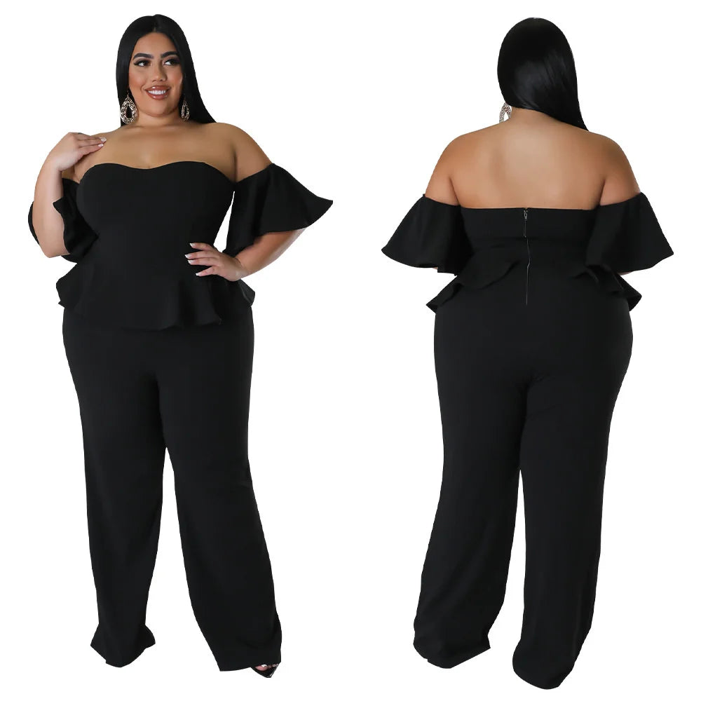 Plus Size Women Jumpsuits Sexy Strapless Short Sleeve Wide Leg Stretch Jumpsuit Large Size Fashion Casual Solid Color Jumpsuits