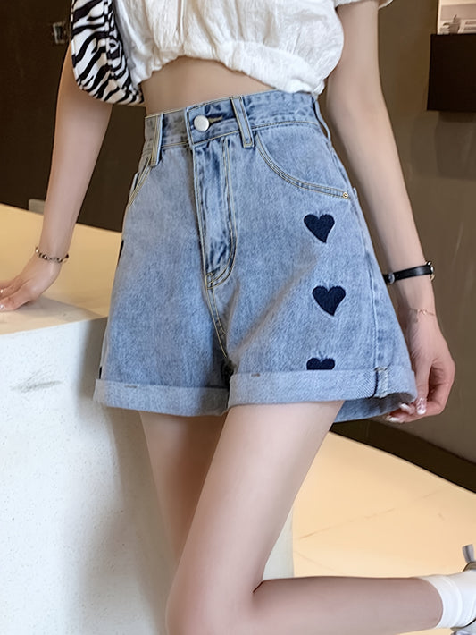 ZllKl  Heart Pattern Niche Denim Shorts, Rolled Hem Slash Pockets Short Denim Pants, Women's Denim Jeans & Clothing