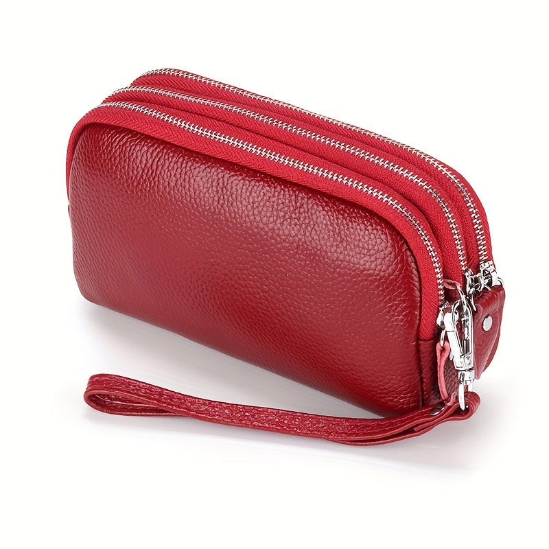 Genuine Leather Long Wallet For Women (17.48cm X 9.98cm X 3.99cm), Wristlet Zipper Coin Purse, Three Layers Mobile Phone Bag