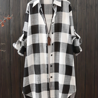 ZllKl Plus Size Casual Blouse, Women's Plus Plaid Print Button Up Roll Up Long Sleeve Lapel Collar Longline Shirt Top