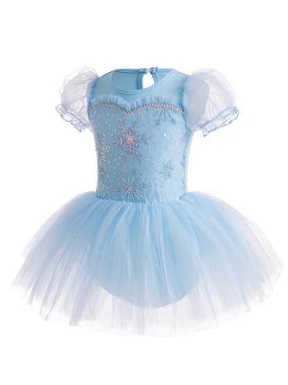 Sequins Embroidered Girls Ballet Dance Dress, Bubble Mesh Sleeve 1-piece Bodysuit Photograph Performance Dance Leotard