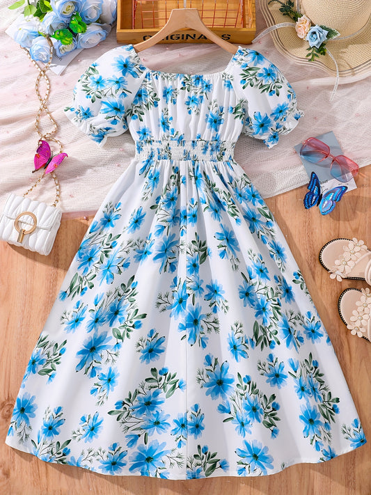 ZllKl Blue Floral Dress For Girls, Square Neck Comfy Breathable Short Sleeve Casual Dresses