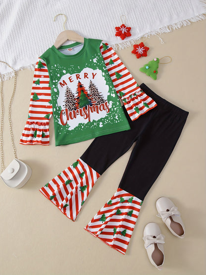 Christmas Girls' 2pc Sets, Splicing MERRY CHRISTMAS Print Top & Flare Pants Kids Outdoor Clothes For Fall Christmas Party