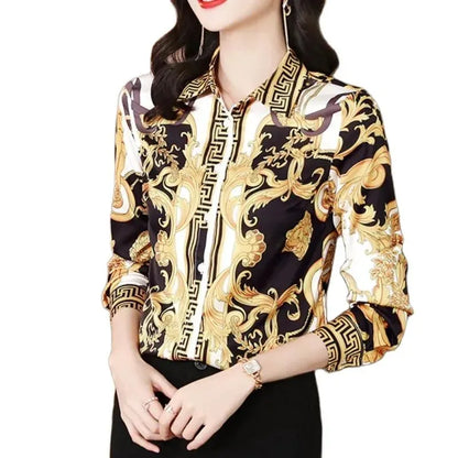 Luxury Designer Print Classic Satin Shirt Plus Size Women Fashion Long Sleeve Button Front Shirts  Spring Autumn Ladies Runway Lapel Blouse Elegant Silk Tops