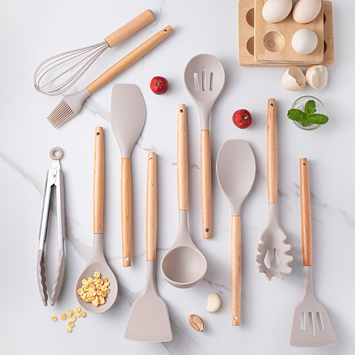 12-Piece Premium Silicone Cooking Utensils Set - Heat-Resistant, Non-Stick Friendly, Ergonomic Wooden Handle, BPA-Free Kitchen Essentials with Holder - Perfect for Cooking, Baking, Grilling, and Serving