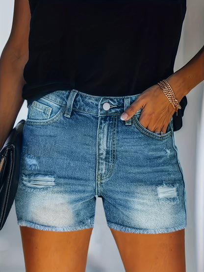 ZllKl  Blue Frayed Hem Denim Shorts, Ripped Holes Slash Pockets Short Denim Pants, Women's Denim Jeans & Clothing