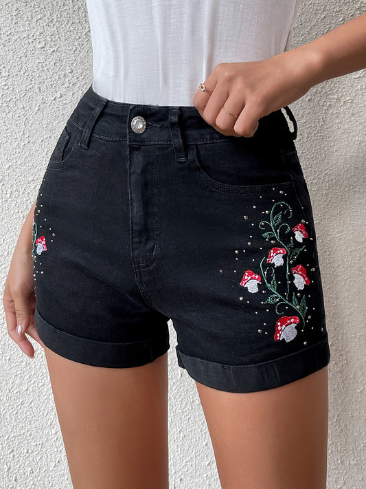 ZllKl  Mushroom Plant Embroidery Cute Denim Shorts, Roll Up Hem Slash Pocket Denim Shorts, Women's Denim Jeans & Clothing