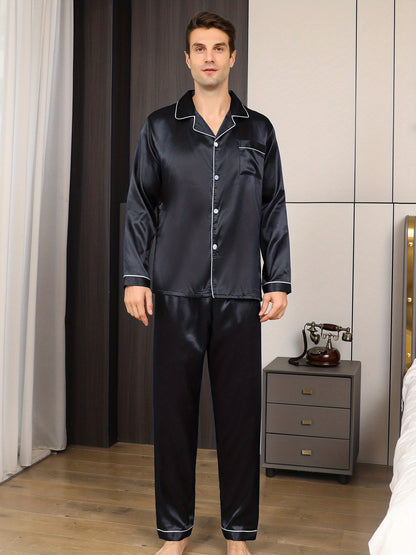 Men's Ice Silk Pajama Set: Breathable Lounge Shirt & Pants - Versatile All-Season Sleepwear with Pockets