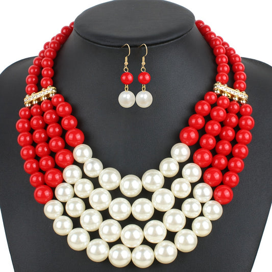 Charm Women Fashion Jewelry Insert Rhinestone Faux Pearl Necklace Bracelet Earrings Set