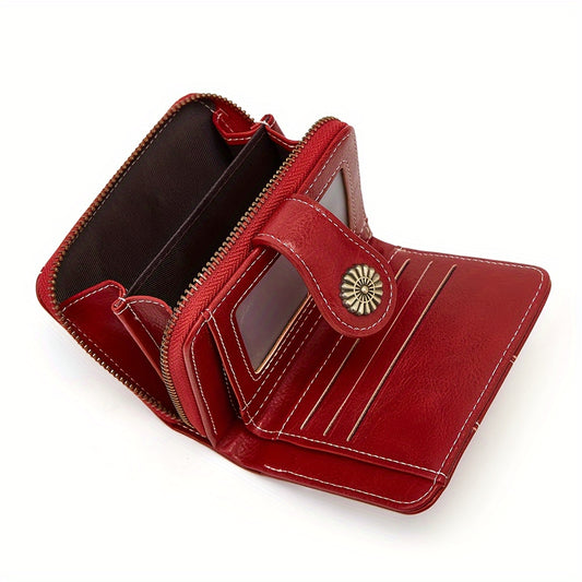 Vintage Solid Color Short Wallet, Zipper Around Coin Purse, Classic Women's Credit Card Holder