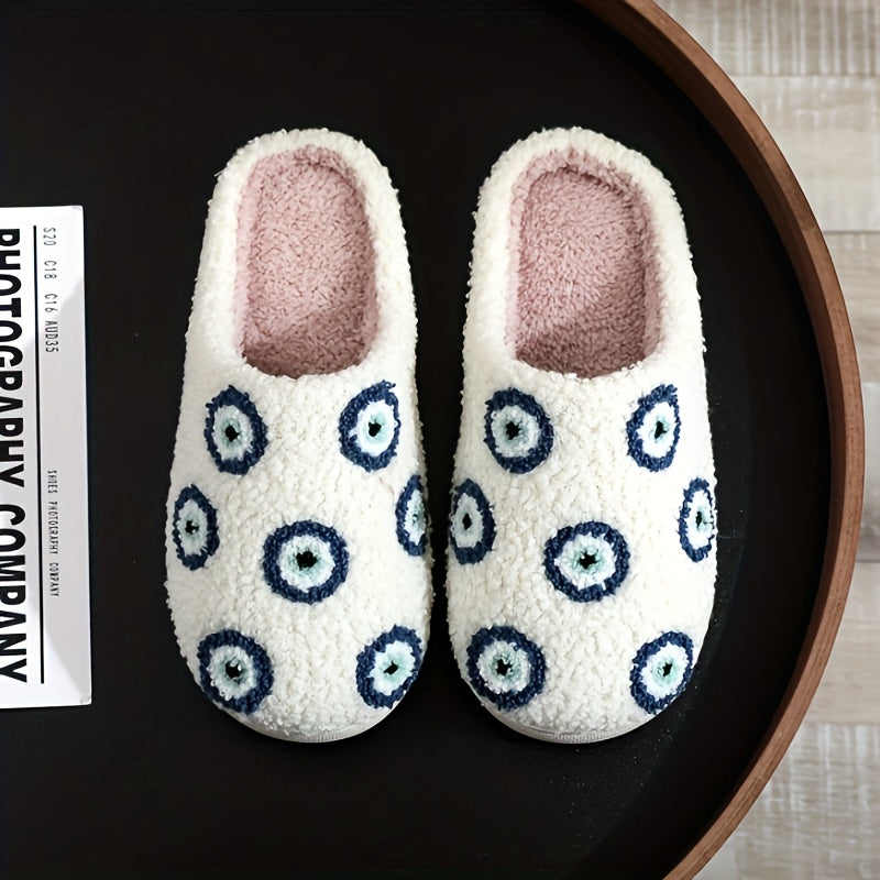 Evil Eye Pattern Flannel Slippers - Cozy Winter Indoor Slippers with TPR Sole and Plush Flannel Lining