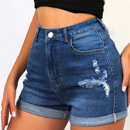 ZllKl  Ripped Cuffed Hem Denim High Stretch Jeans, Solid Washed Blue High Waist Zip Up Denim Shorts With Pockets, Women's Denim & Clothing