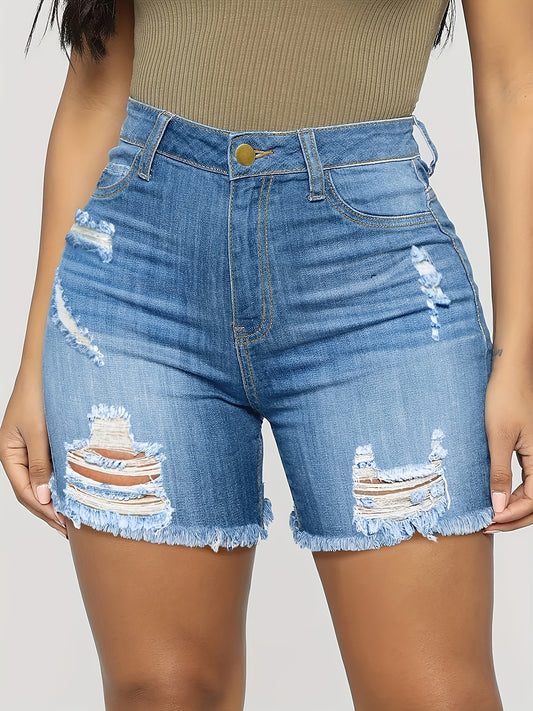 ZllKl  Blue Raw Hem Denim Shorts, Ripped Holes Slash Pockets Short Denim Pants, Women's Denim Jeans & Clothing