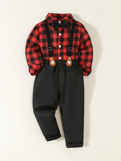 Youngsters's Brother and Sister Set, 1pc Not 2pcs, Please Purchase Boy or Girl Clothes Separately, Single Piece Girl Cute Doll Collar Red Plaid Waistline Long Sleeve Dress, 1 Set Boys Gentleman Suit Plaid Long Sleeve Shirt with Bow Tie + Casual Back Strap