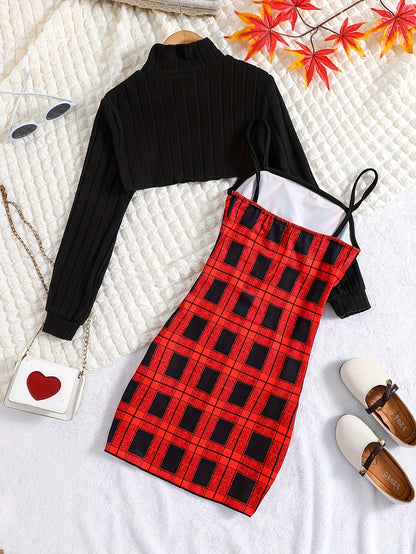 2pcs Elegant Ribbed Long Sleeve Cropped Top + Plaid Cami Dress Set Spring Fall Christmas Gift, girl's outdoor activities