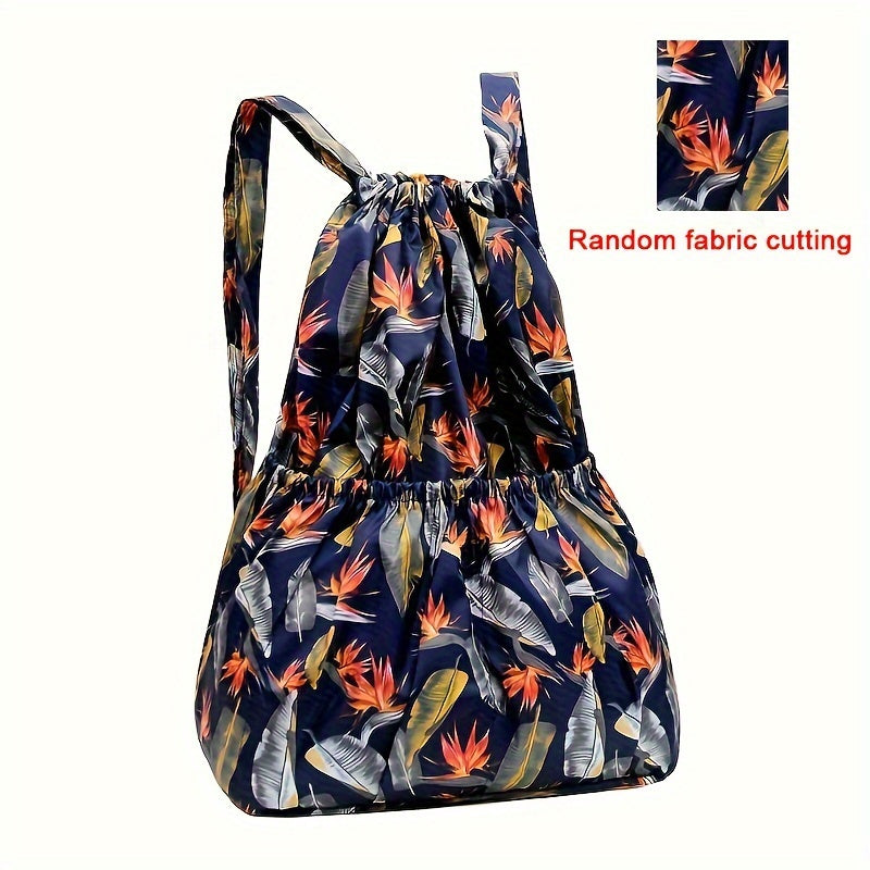 Vibrant Floral Print Nylon Drawstring Backpack - Spacious, Lightweight, Water-Resistant Travel & Sports Rucksack with Multiple Pockets and Polyester Lining for Women and Men