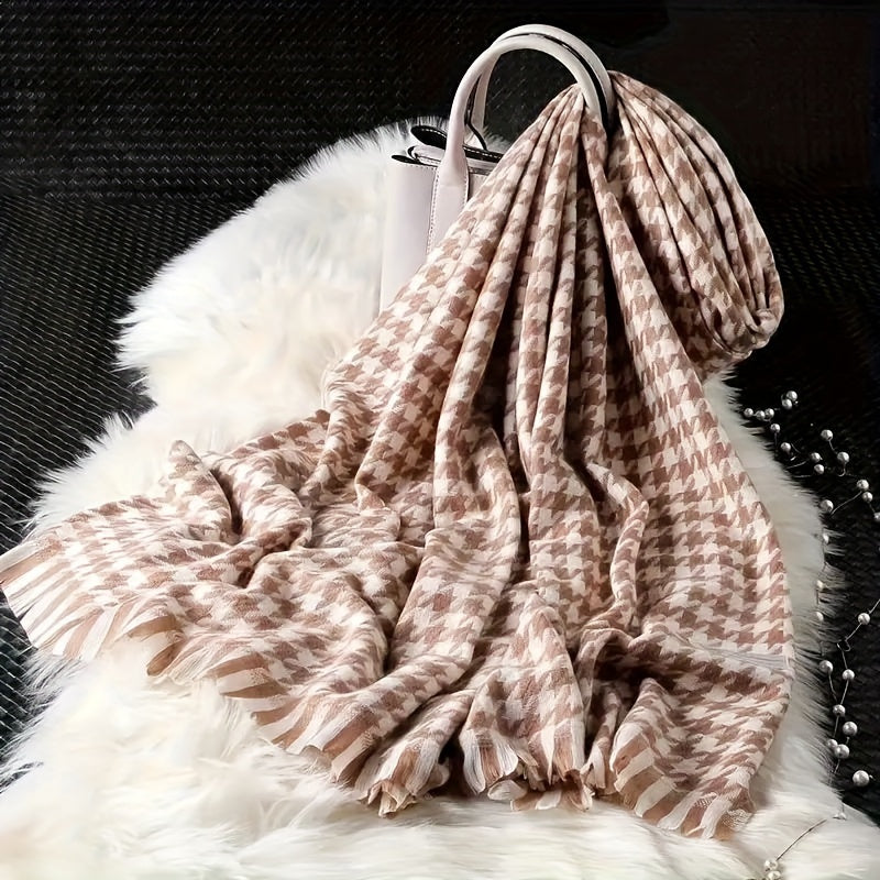 Luxurious Houndstooth Scarf Shawl - Soft, Warm & Stretchy - Cozy Tassel Wrap for Autumn Winter - Versatile Neck Protection & Coldproof Blanket Scarf, One-Size-Fits-All