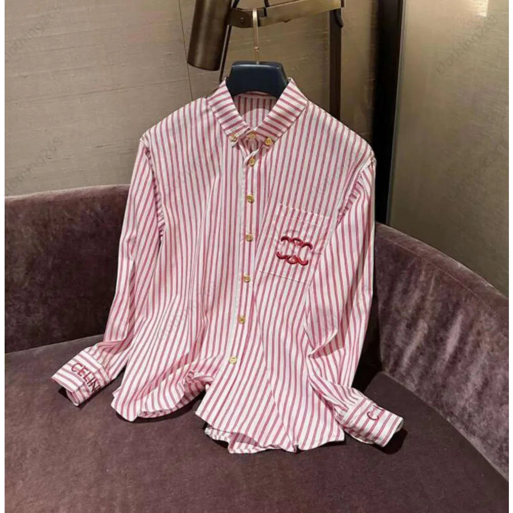 Womens Blouses Designer Embroidered letter pink striped shirts for womens spring new casual long sleeved POLO collar shirt top