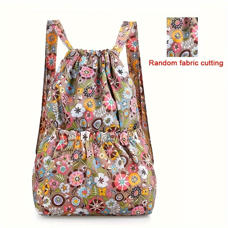 Vibrant Floral Print Nylon Drawstring Backpack - Spacious, Lightweight, Water-Resistant Travel & Sports Rucksack with Multiple Pockets and Polyester Lining for Women and Men