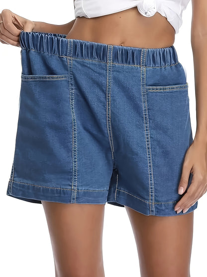 ZllKl  Women's Stylish Denim Shorts, Casual Sporty Style, Elastic Waist, Comfort Fit, With Pockets, Versatile Summer Wear