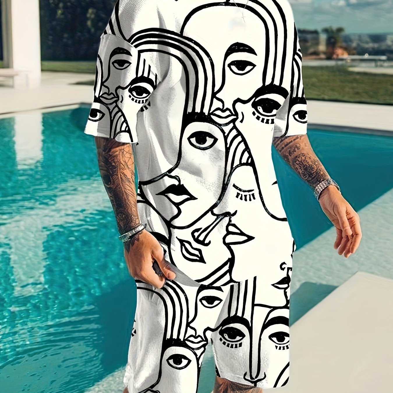 Men's Trendy Casual Comfy Tees & Shorts, Graffiti Portrait Graphic Print Crew Neck Short Sleeve T-shirt & Loose Shorts Home Pajamas Sets, Outdoor Sets For Summer