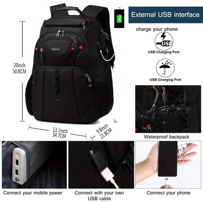 17 Inch Large Capacity Waterproof Business Laptop Backpack with Tablet Compartment - Durable Polyester Material, Adjustable Strap, USB Charging, and Water-Resistant - Ideal for School, Travel, and Work, Perfect Gift for Students and Professionals