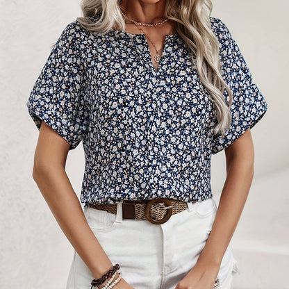 Plus Size Elegant Notched Neck Ditsy Floral Print Shirting Blouse - Soft Polyester Fabric, Non-Stretch, Woven, Short Sleeve, Random Printing, Perfect for Spring and Summer - Womens Plus Size Clothing for Confident Ladies