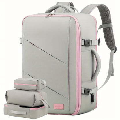 17-Inch Laptop Travel Backpack for Women - Spacious, Water-Resistant, and Flight-Approved with 3 Packing Cubes, Buckle Closure, and Adjustable Shoulder Straps - Beige-Khaki Color with Polyester Lining and Hand Wash Instruction