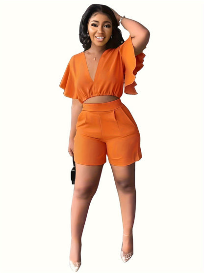 Chic Lightweight Two-Piece Set - Flirty Flutter Sleeve Crop Top & High Waist Shorts Outfit - Stretchy, Slimming Womens Clothing