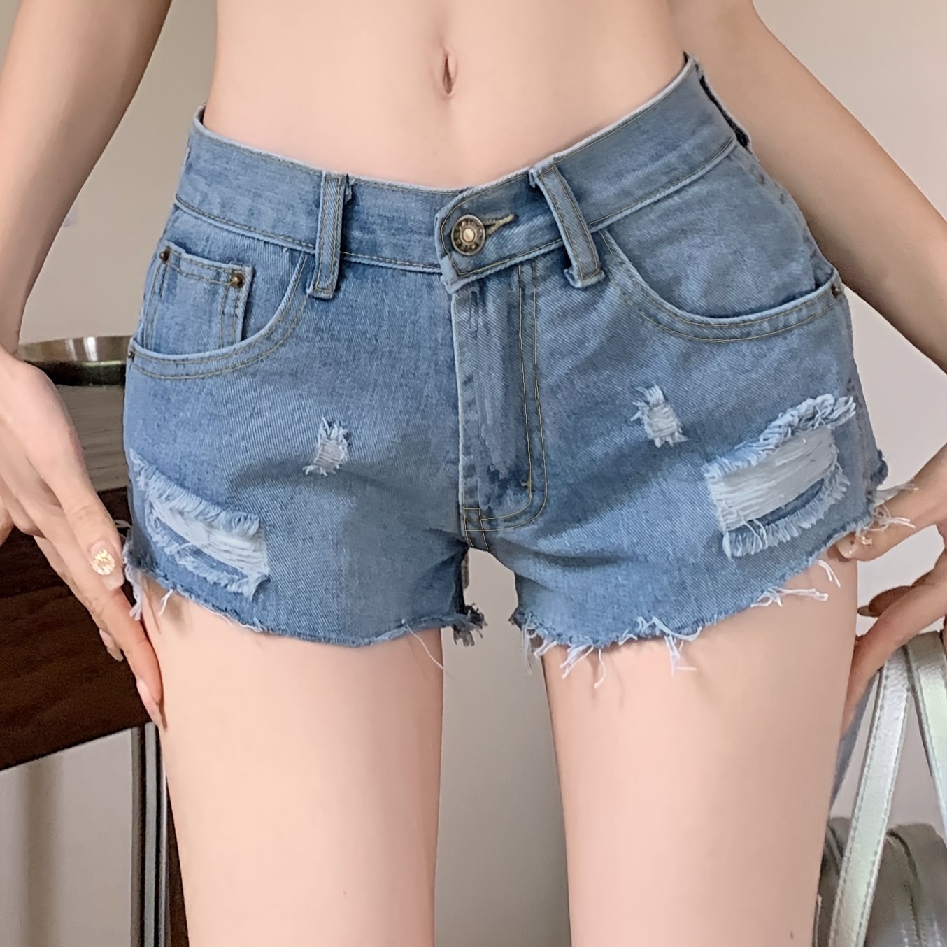 ZllKl  Hot Letter Print Ripped Denim Shorts, Raw Hem Slash Pocket Low Rise Mini Denim Shorts, Women's Denim Jeans & Clothing