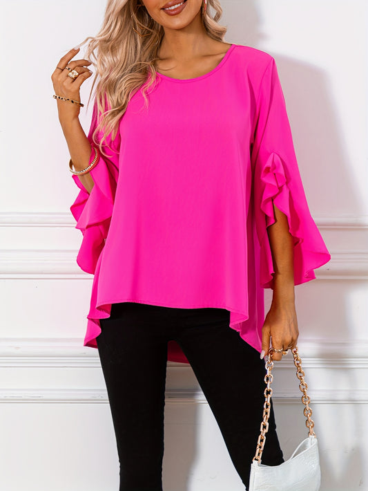 ZllKl Solid Crew Neck Blouse, Casual Ruffle Sleeve Blouse For Spring & Fall, Women's Clothing